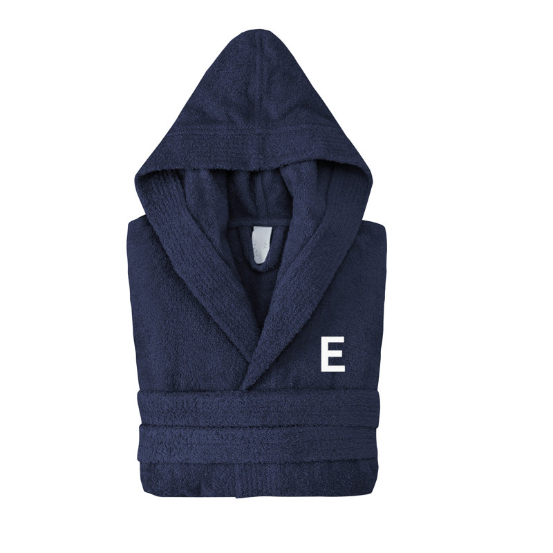 Peignoir monogrammé à capuche en coton turc, Marine, E