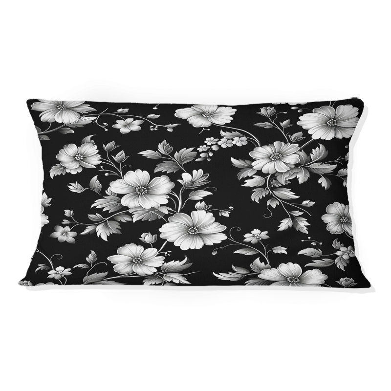 Coussin lombaire traditionnel à motif de jardins floraux noirs et blancs