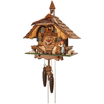  One Day Cuckoo Clock Chalet 14.5" H Lady Rings Bell, Hand-Carved Trees, Dog & Bunny