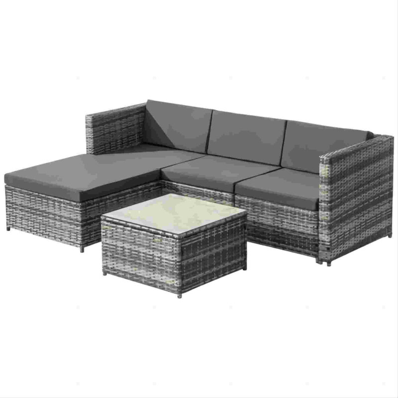 Rattan Garden Sofa Set With Glass Top Coffee Table, Gray, Dark Grey