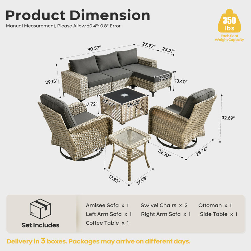 8-Piece Patio Conversation Set, Modular Outdoor Wicker Sectional With Wide Armrests And Coffee Table, Patio Sofa Set With Swivel Rocking Armchairs And Cushions