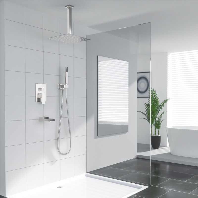 Système de douche 16 po Ensemble de douche à effet pluie de luxe avec robinet de plafond, Nickel brossé