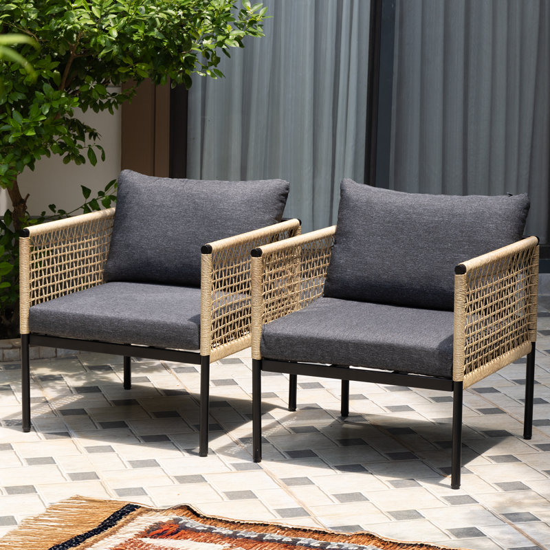 Oscar 2 Pieces Wicker Metal Outdoor Lounge Chair With Black Cushions