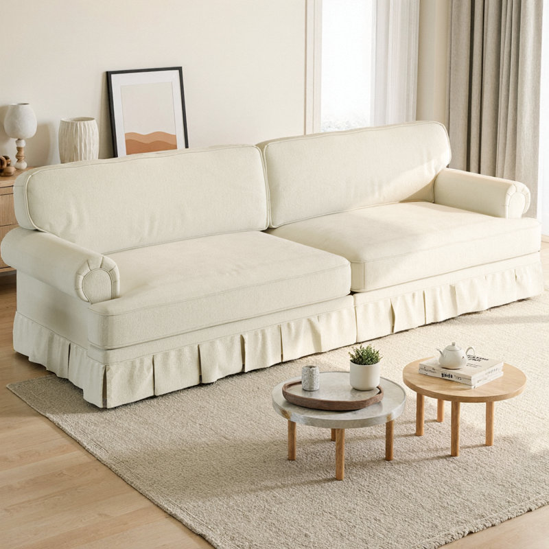 Canapé 93,7 po à 4 places, canapé en tissu avec accoudoirs roulés et jupe plissée élégante, canapé très profond Mid-Century moderne pour salon, appartement et bureau