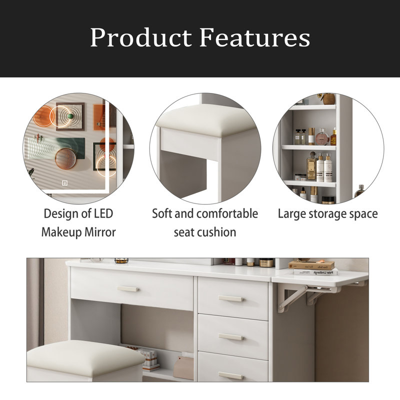 Fashion Vanity Desk With Mirror And Lights For Makeup With Open Shelves And Chair, Vanity Mirror With Lights And Table Set With 3 Color Lighting Brightness Adjustable, 5 Drawers, White Color