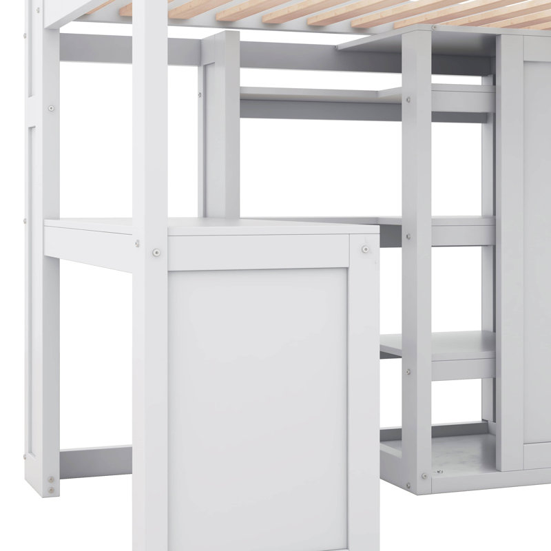Lit mezzanine simple en bois avec plusieurs tablettes et garde-robe Jakwaun, Blanc