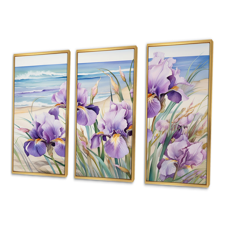 Iris mauves sur la plage - ensemble d'art sur toile Iris, Cadre flottant doré, H 40 po x l 60 po x P 1 po