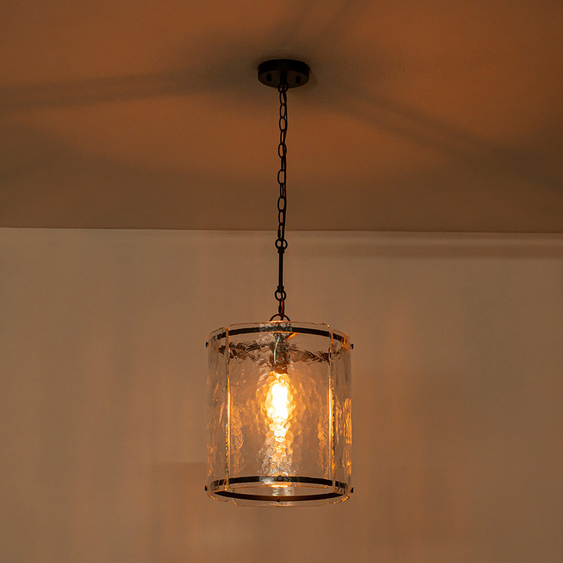 Modern 1-Light Handcrafted Water Ripple Glass Cylinder Pendant Light , Black