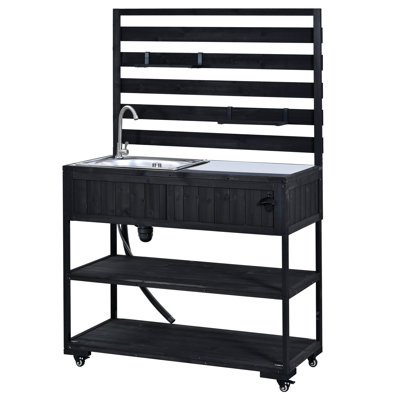 41.7'' Large Patio Rolling Kitchen Island Solid Wood Kitchen Cart with Sink, Garden Potting Bench with Stainless Table Top, 2 Movable Shelves and 1 Bottle Opener,Black