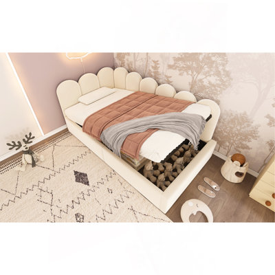 Lit de jour rembourré avec rangement, canapé-lit simple, canapé-lit simple, lit de jour avec cadre de rangement hydraulique, avec lattes en métal, velours, beige (sans matelas)