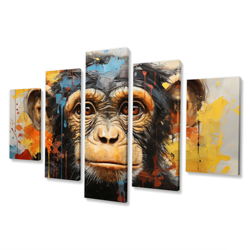 Collage de singe jaune sarcelle jaune - reproduction sur toile animaux - 5 panneaux