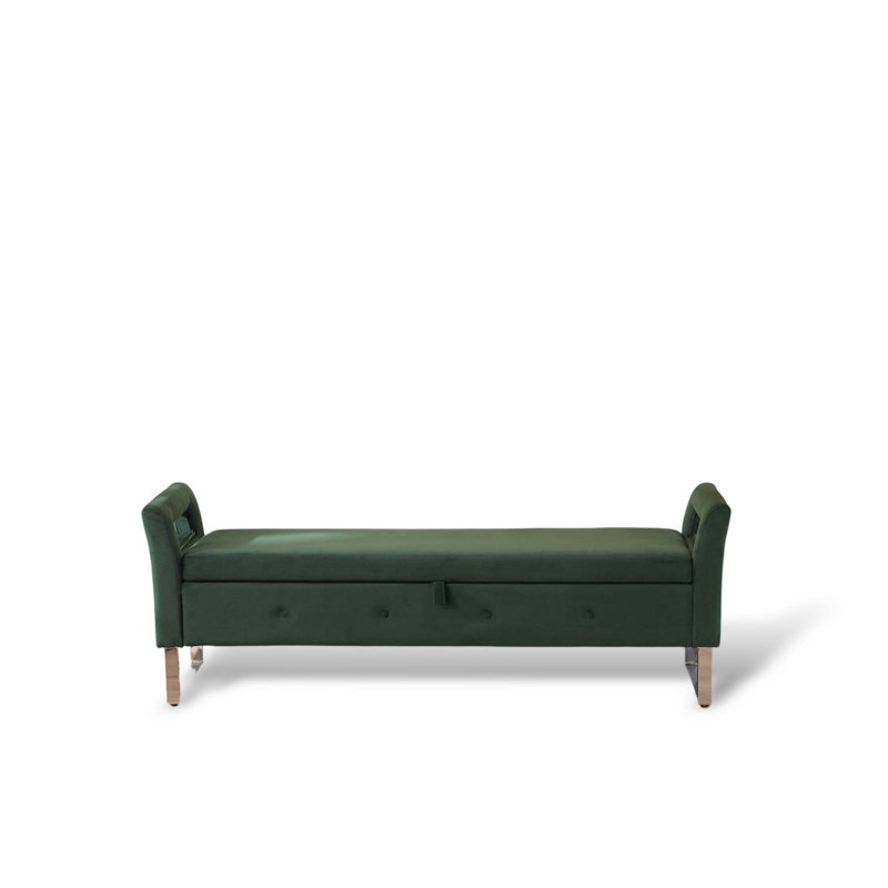 67.91" Velvet Storage Soft Bench With Armrests, Green