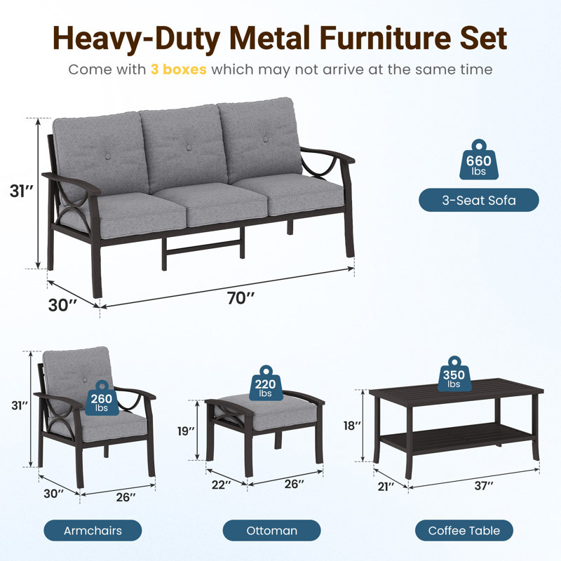 Ensemble de mobilier d'extérieur avec coussins de 4 po, ensemble de mobilier de patio 7 pièces toutes saisons avec cadre en métal, ensemble de patio extérieur 6 pièces avec support dorsal ergonomique