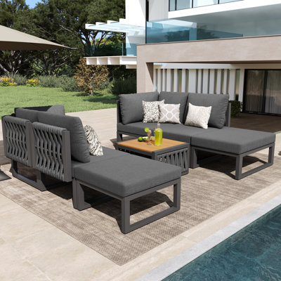 Grey 6 Seater Garden Lounge Armchairs, Outdoor Daybed, Adjustable Backrest Angle With High-Quality Seat & Back Cushions