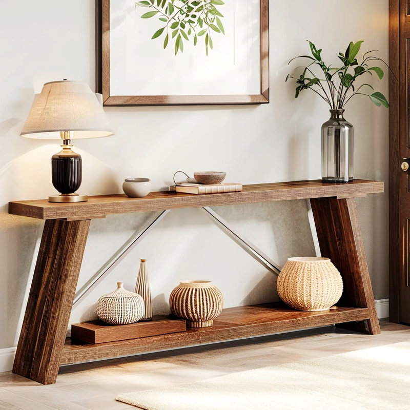 Entryway Console Table With Storage Shelf For Hallway, Living Room, Dark Walnut