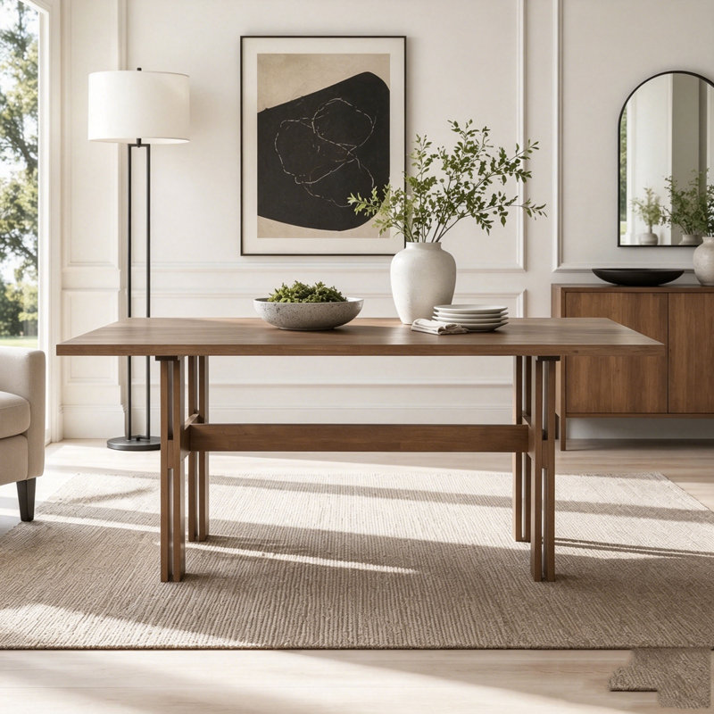 Large Rectangular Wooden Dining Table with Pedestal Base