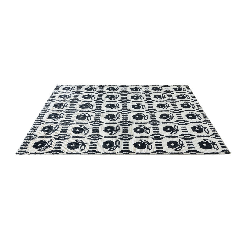 Posy Wool Floral Area Rug in Black/White, Rectangle 5' x 8'