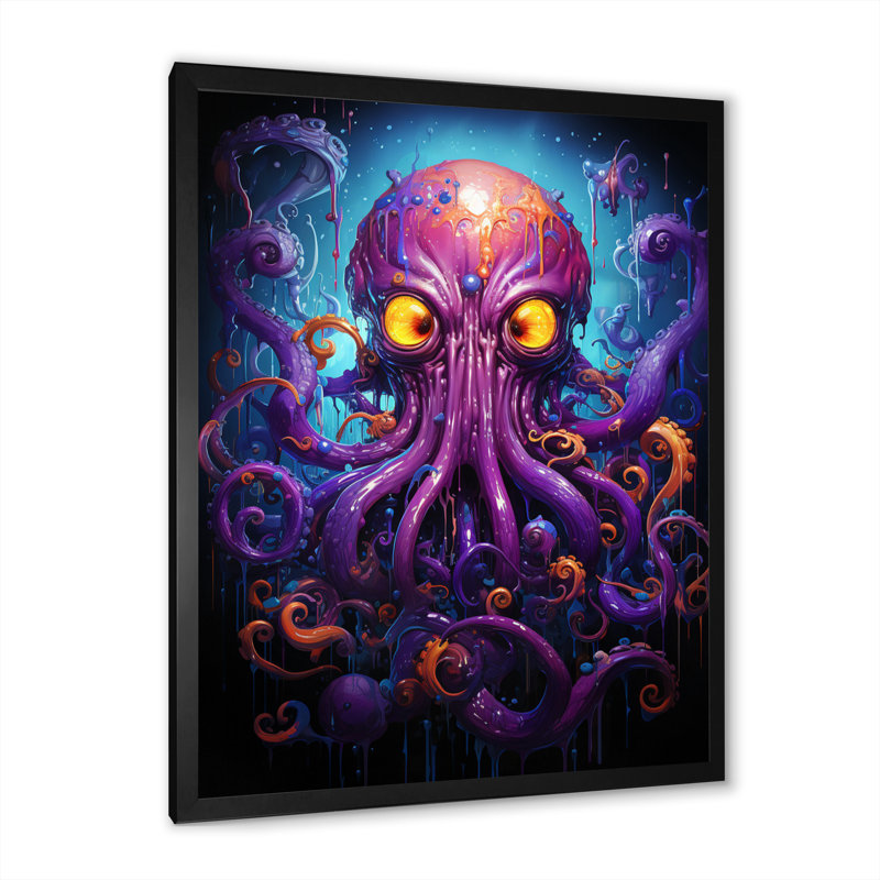 «Purple Animal Electric Octopus Drips», reproduction sur toile, Cadre photo noir, H 20 po x l 12 po x P 1,5 po