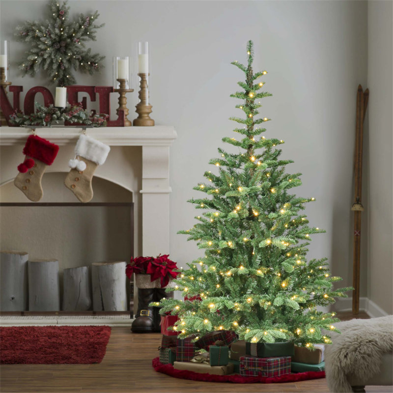 Arbre de Noël illuminé 8 pi avec 500 lumières DEL chaudes, 1307 pointes PE + PVC, aspect superposé réaliste, base en bois unique - arbre de Noël artificiel complet pour la décoration intérieure