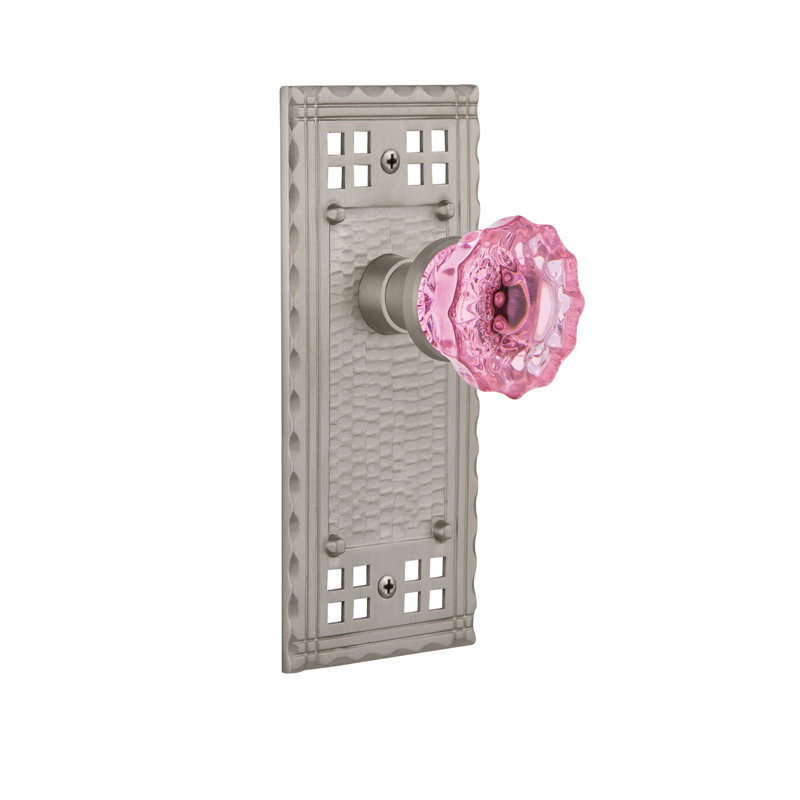 Craftsman Plate with Crystal Pink Door Knob, Satin Nickel