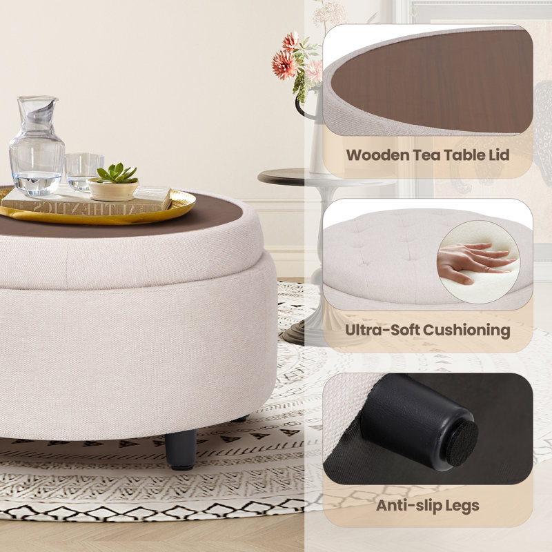 25" Round Upholstered Storage Ottoman with Tufted Cushion, Hidden Storage, Beige