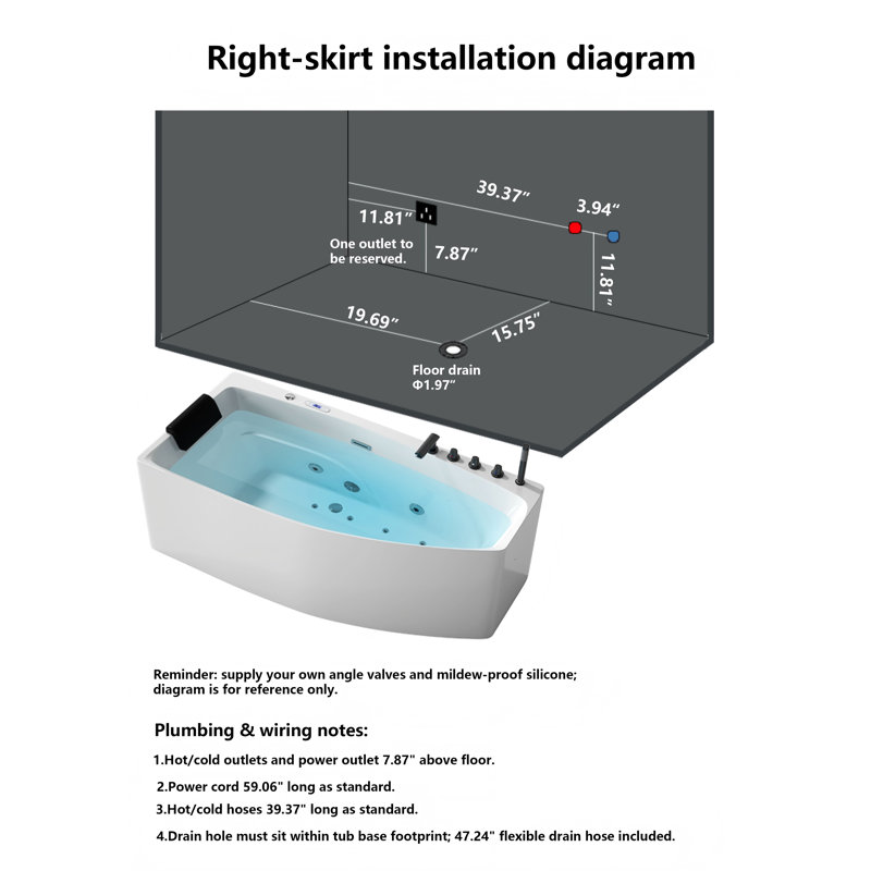 Baignoire de trempage profonde en angle 55,12 po x 28,35 po