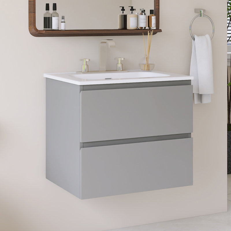 Wall Mounted Single Bathroom Vanity With White Ceramic Integrated Top, Gray, 24"