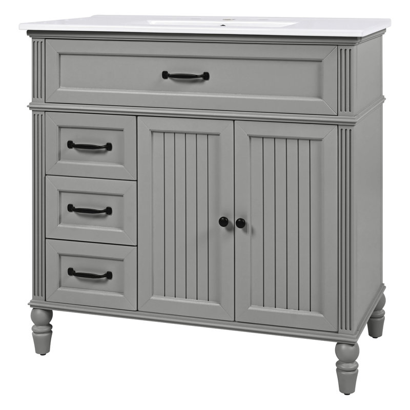 Meuble-lavabo gris de 36 po avec lavabo, structure en bois, armoire, portes à fermeture en douceur, patins réglables, assemblage facile