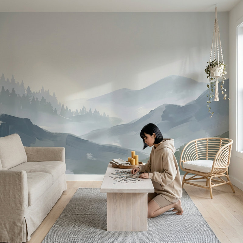 Décoration murale saucisse amovible Misty Mountains, 100 po x 96 po, Texturé non collé