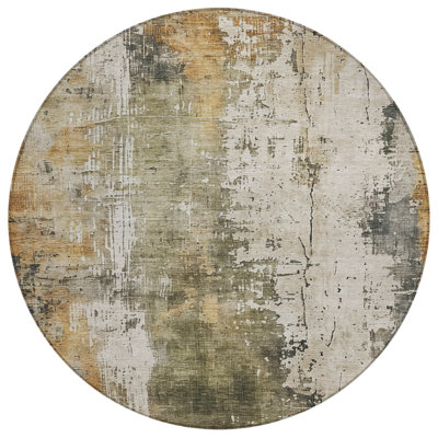 8' Olive Green And Ivory Round Abstract Washable Indoor Outdoor Area Rug