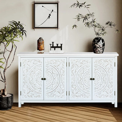 Buffet décoratif de 60 po en bois rustique à 4 portes, buffet pour l'organisation de la salle à manger, finition peinte, rangement ouvert, grand buffet blanc, armoire de rangement, large