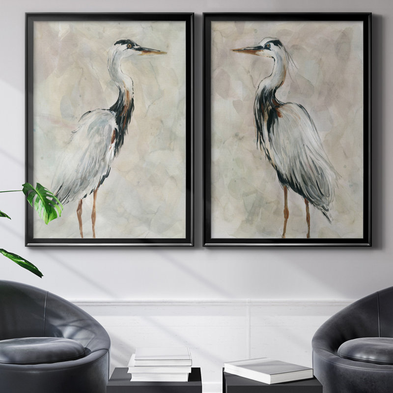Crane At Dusk I - 2 Piece Print Set, Picture Framed Canvas, 30.5" H x 42.5" W, Black