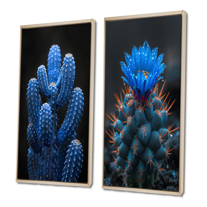 Cactus bleu clair et noir clair de lune - Cactus floral, ensemble de 2 pièces, H 32 po x l 32 po, Impression encadrée, Érable