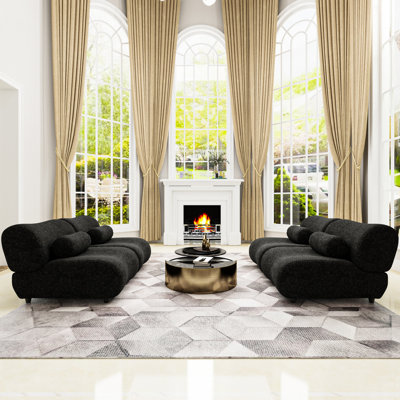 Tissu chenille noir surdimensionné avec 4 sièges et coussins cylindriques confortables pour le salon moderne, 4 coussins