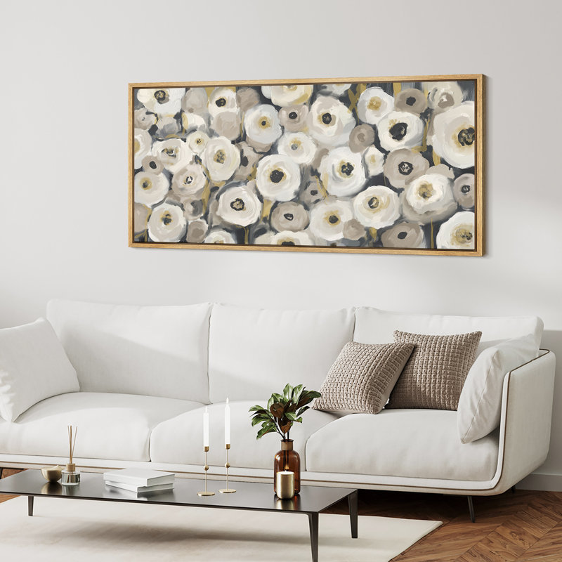 «Yellow, Tan Grey Abstract Botanicals Relaxing Calm», impression sur toile encadrée surdimensionnée, H 30 po x l 60 po