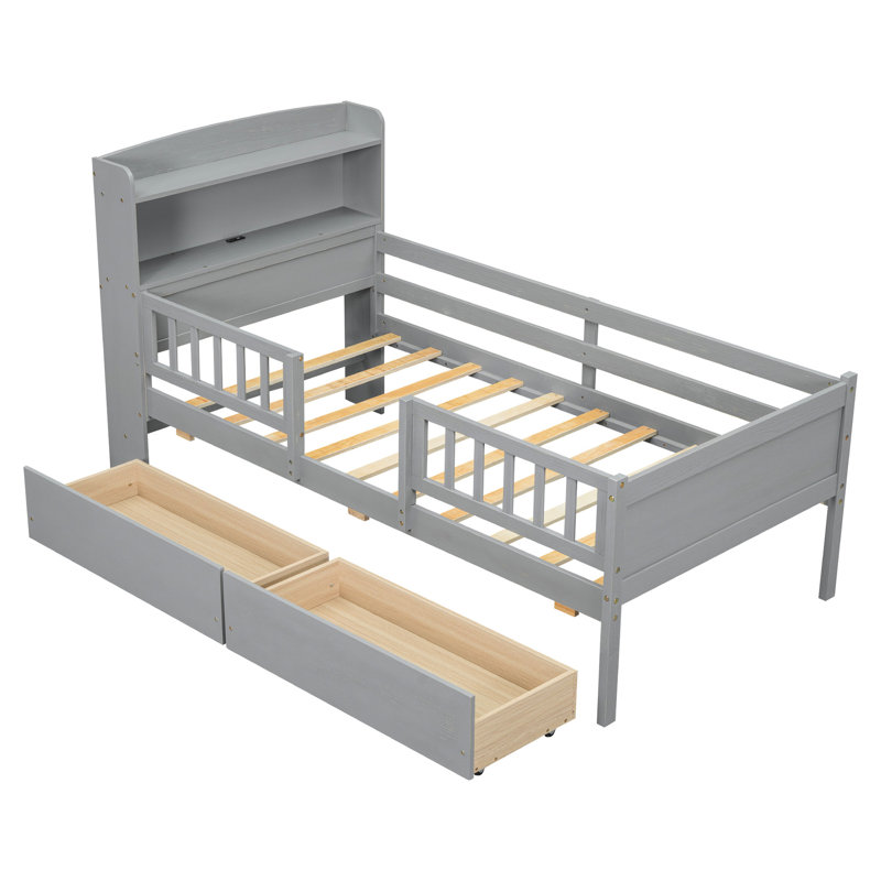 Lit plateforme simple en bois avec éclairage à DEL, tête de lit fonctionnelle, garde-corps et 2 tiroirs de rangement en lampe grise, multi-usage