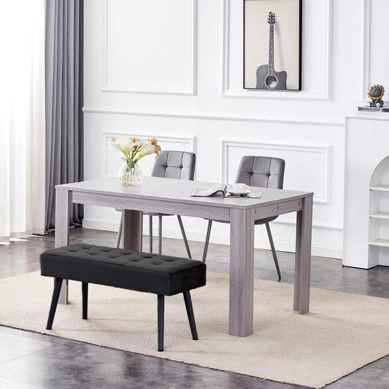Wooden Dining Set with 2 Velvet Chairs and Bench, Grey, Grey , 75cm H x 117cm L x 77cm W