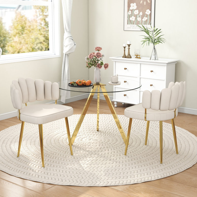 Ensemble de table de salle à manger ronde en verre, 47 pouces, 3 Pieces: Table, 2 Chairs, Beige