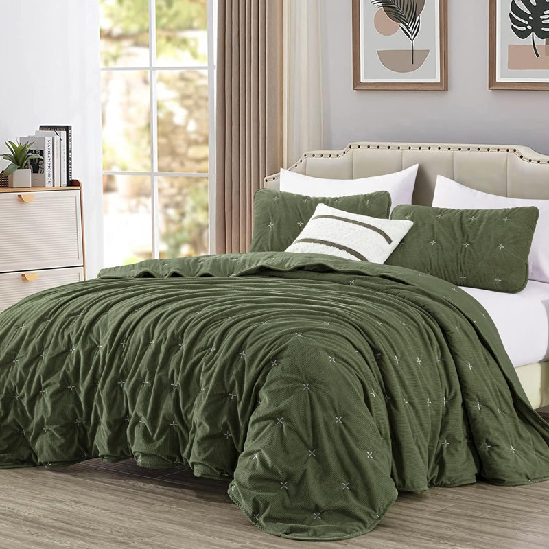  Corduroy Polyester Cross Stitch Quilt Set, Queen Quilt + 2 Standard Shams, Olive Green