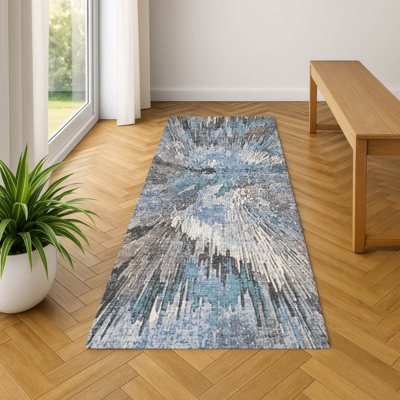 Premium Machine Washable Mayfield AMF2283 Abstract Rug, Denim, 2'3" x 7'6" Runner