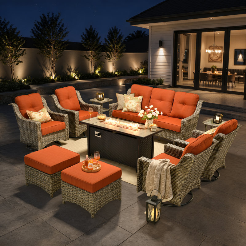 Sturgill 10-Piece Wicker Patio Conversation Set with Swivel Rocking Chairs and 50,000 BTU Fire Pit Table, Striped Orange