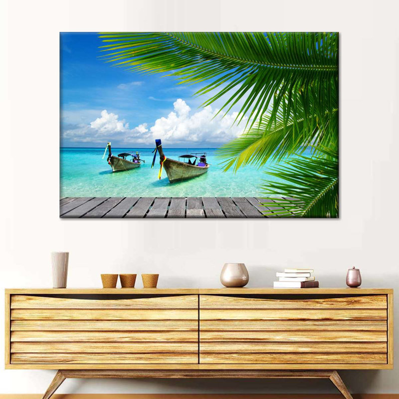 Bateaux sur le quai de l'île tropicale, reproduction sur toile, H 26 po x l 39 po x P 1,25 po