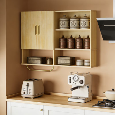 Wood Large Wall Mounted Medicine Cabinet With 2 Doors, 4 Open Shelves & Towel Bar