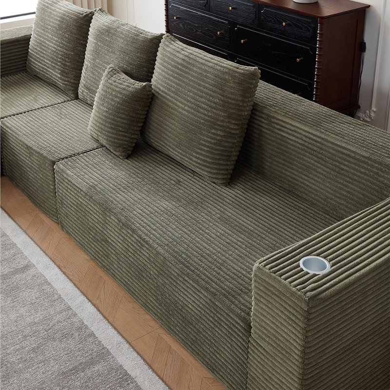 Luxe Modular Sectional Sofa with Cup Holders, Green Corduroy