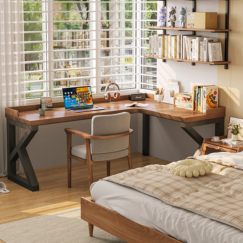 Walnut L-Shaped Solid Wood  desk, 29.53" H x 62.99" W x 47.24" D, Right Hand Return