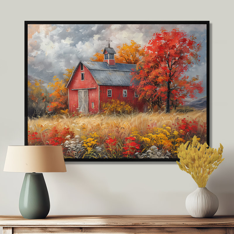 Automne rouge grange brise I - impressions encadrées de grange, H 24 po x l 32 po x P 1 po, Toile avec cadre flottant noir
