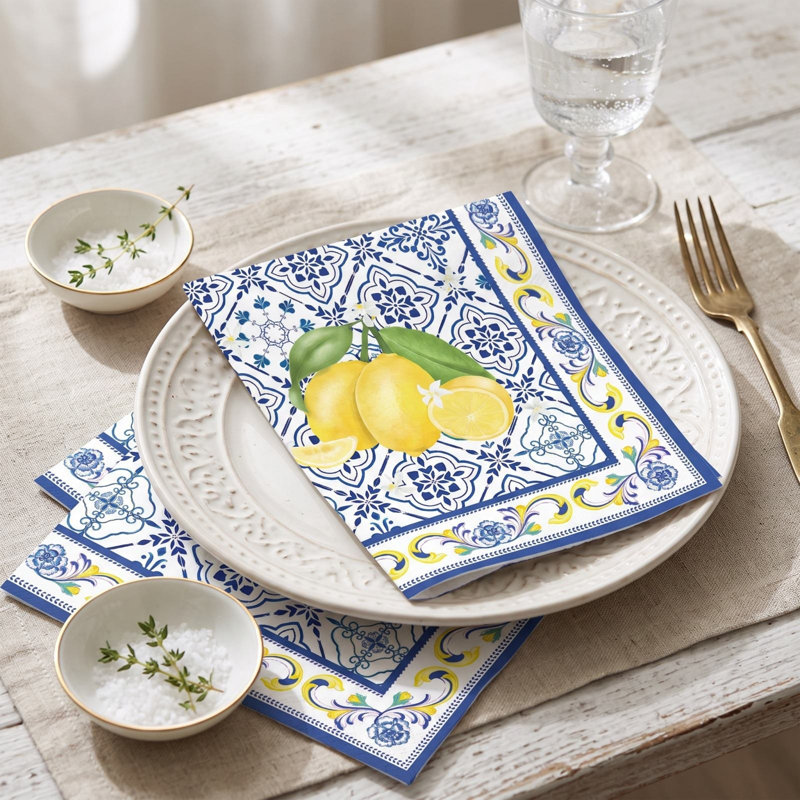 Lampe fantôme en tissu, serviettes en papier jetables imprimées citron vintage et carreaux bleus, style méditerranéen, pour la décoration de table à la maison et les fêtes.