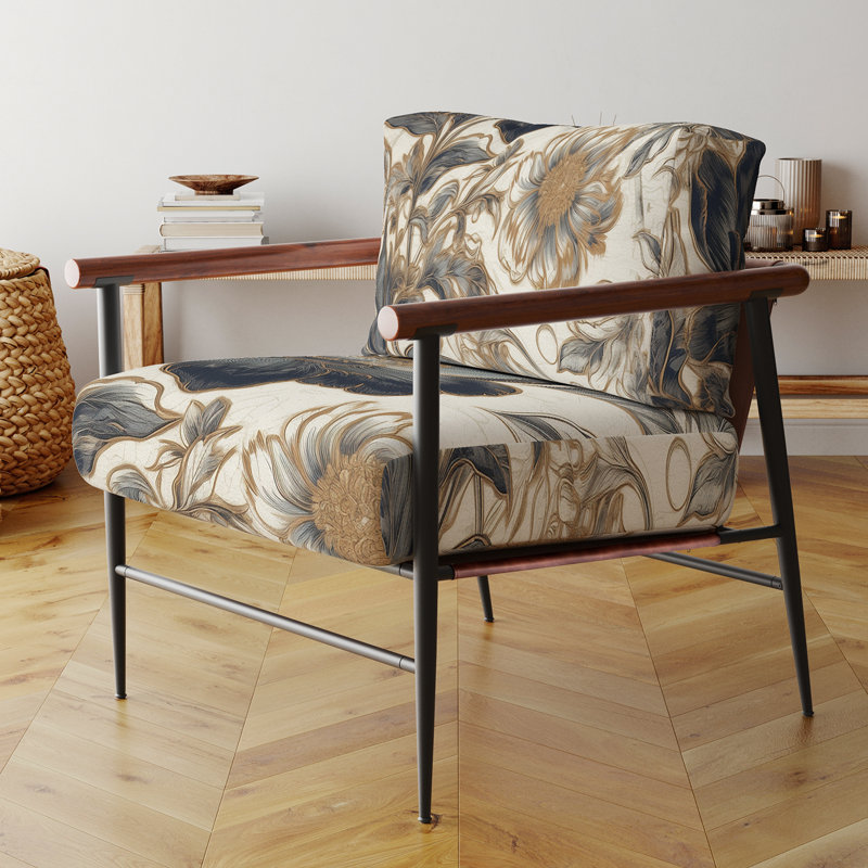 Blue Gold Peony Symphony I - Fauteuil rembourré traditionnel, fauteuil d'appoint bleu, Noir