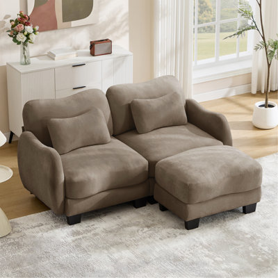 Chenille Supportive L-Shaped Loveseat Sofa with Delicate Waist Pillow,Ergonomic Curve Design, With Movable Ottoman,  Easy Assembly for Living Room, Coffee