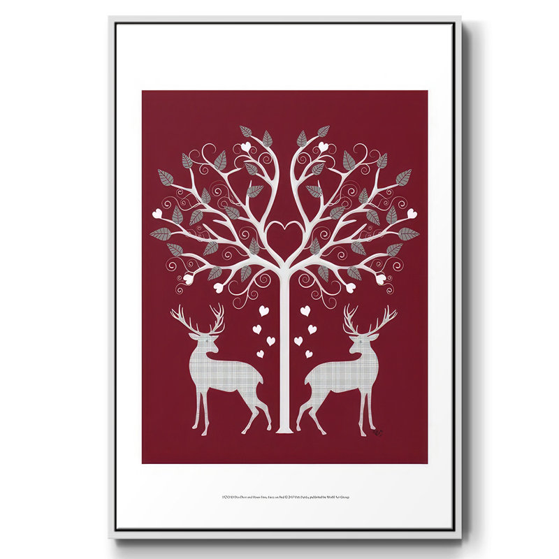 Christmas Des - Deer and Heart Tree, gris sur fond rouge, reproduction sur toile, H 25 po x l 17 po x P 1,5 po, Blanc